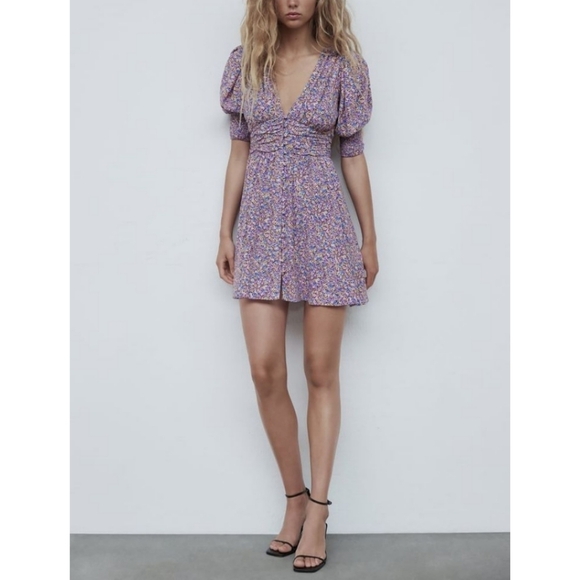 Zara Purple Blue Yellow Floral Puff Smocked Sleeve Sundress Mini, Deep Vneck, S - Picture 1 of 16